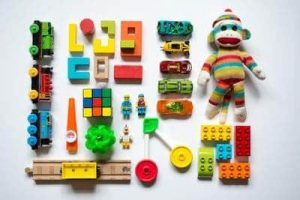 Kids' toys laid out for a birds-eye picture